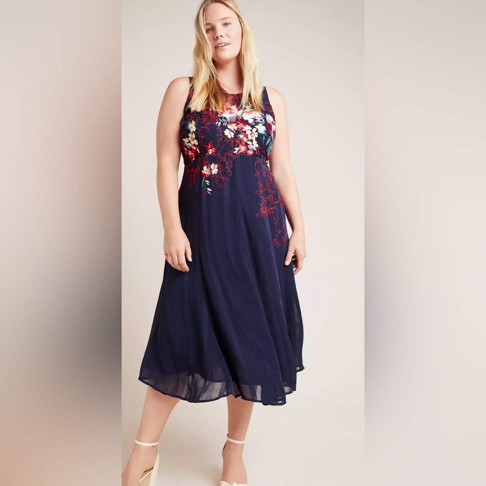 Cascading Navy Anthropologie Tanzine Dress With Beautiful Floral Embroidery NEW